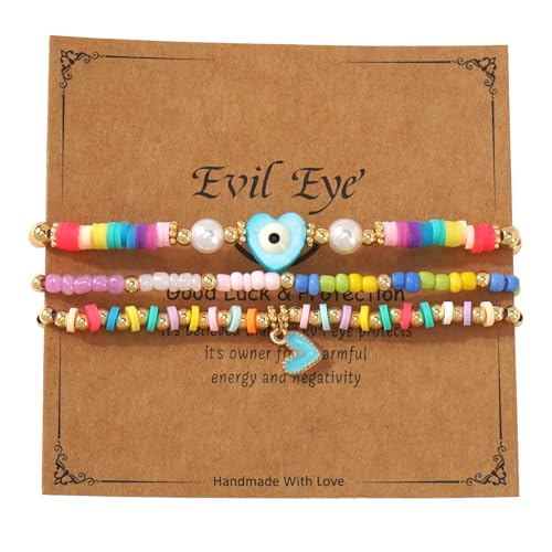 Evil Eye Heart Charm Stackable String Rope Colorful Beaded Bracelets Set For Women, Boho Handmade Adjustable Protection Lucky Gold Jewelry, Daily Party Friendship Gift - color: Pink