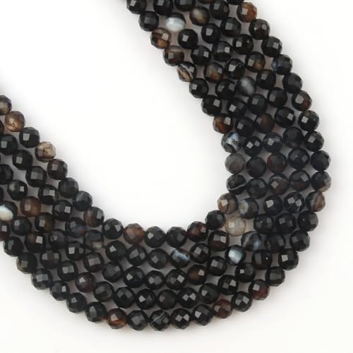 Song Xi 120pcs 3mm Natural Black Striped Agate Gemstone Beads Faceted Round Loose Stone Beads for Jewelry Making (1 Strand) - color: Black Striped Agate, size: 2.8-3.3mm