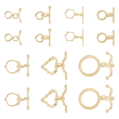 18K Gold Oval Toggle Clasps 14 Sets Heart Jewelry Clasps T-Bar Closure Clasp Fastener IQ End Clap for DIY Necklace Bracelet Earring Jewelry Making - color: 18K Gold-Heart/Flower/Round