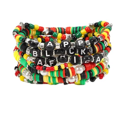 COLORFUL BLING 4th of July Bracelets for Women/Juneteenth African Beaded Stackable Layered Surfer Bracelets Rasta Jamaica Jewelry - color: happy-clay