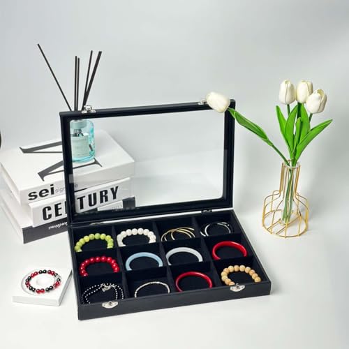 Black 12 Grid Jewelry Organizer Display Box with Transparent lid Bracelets Display Case Bracelet Box with Clasp Bangle Organizer Drawer Insert Bangle Brooch,Gift for Women Girls(12 Grid) - color: 12 Grid