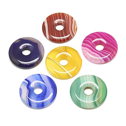 FASHEWELRY 10Pcs Natural Stripe Agate Donut Disc Gemstone Pendants 30x4mm Large Hole Healing Chakra Polished Stone Flat Round Bead Charms Random Mixed Colors for Jewelry Making Hole: 7mm - color: 30mm, Stripe Agate, Mixed Colors