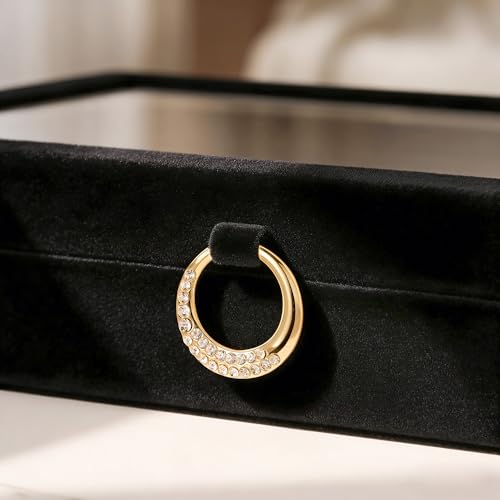 bussdis Glass Lid Jewelry Organizer Box – Black Velvet Jewelry Case with Ring Slots, Necklace Hooks & Removable Compartments for Earrings, Rings & Bracelets - color: Black