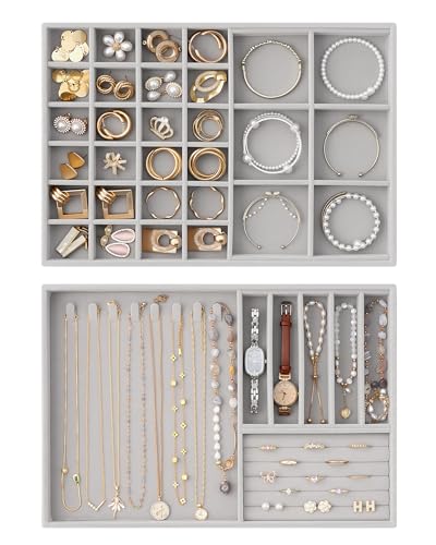 Lolalet Jewelry Drawer Organizer Inserts, Stackable Velvet Tray Jewelry Storage Organizers Set Display Cases for Necklaces Bracelets Earrings Rings Chains Bangles Watches, Mothers Day Gift - color: Grey, size: A4 Size, 2 Packs