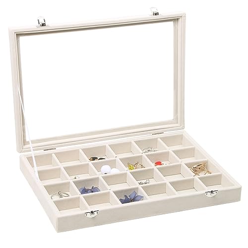 Stratalife Jewelry Organizer Jewelry Tray with See-through Lid 24 Grids Earring Display Showcase Large Velvet Storage Box for Earring Necklace Rings Dice Beige - color: Beige, size: 24 Grid