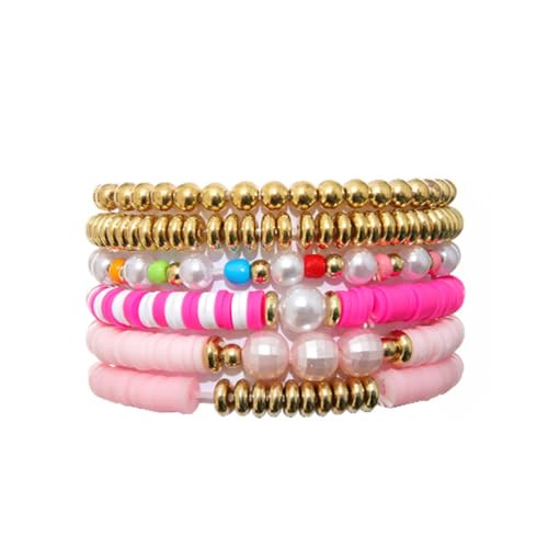 COLORFUL BLING 5-12Pcs Bohemian Love Heart Bead Bracelets for Women Vinyl Disc Heishi Surfer Stackable Stretch Bracelet Summer Beach Boho Jewelry - color: 6pcs pink pearl