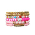 COLORFUL BLING 5-12Pcs Bohemian Love Heart Bead Bracelets for Women Vinyl Disc Heishi Surfer Stackable Stretch Bracelet Summer Beach Boho Jewelry - color: 6pcs pink pearl