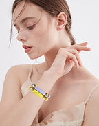 LALAPPLE Gold Plated Beaded Acrylic Bamboo Tube Bangle Bracelets for Women, Colorful Chunky Curved Tube With Gold Plated Pieces Beads Stretch Bracelet Friendship Summer Beach Jewelry - color: V-Yellow&Light purple 2pcs