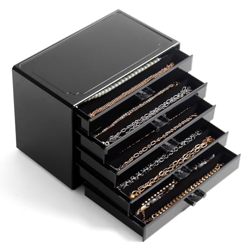 YUFONG Necklace Holder Organizer, Dustproof Necklace Box Velvet Necklace Organizer Box with Lid Clear Acrylic Dustproof Stackable Jewelry Displays for Necklaces Chain Display (Black Black, 5 Drawer) - color: Black Black, size: 5 Drawer