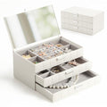 LAMU Jewelry Box Organizer with Mirror, 3-Layer Jewelry organizer with 2 Drawers, Large PU Leather Organizer for Earrings Rings Necklace Bracelet, Ideal Valentines Day Gifts for Girls Women, White