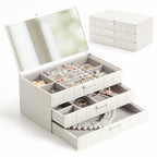 LAMU Jewelry Box Organizer with Mirror, 3-Layer Jewelry organizer with 2 Drawers, Large PU Leather Organizer for Earrings Rings Necklace Bracelet, Ideal Valentines Day Gifts for Girls Women, White