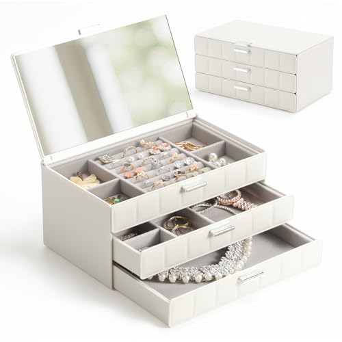 LAMU Jewelry Box Organizer with Mirror, 3-Layer Jewelry organizer with 2 Drawers, Large PU Leather Organizer for Earrings Rings Necklace Bracelet, Ideal Valentines Day Gifts for Girls Women, White
