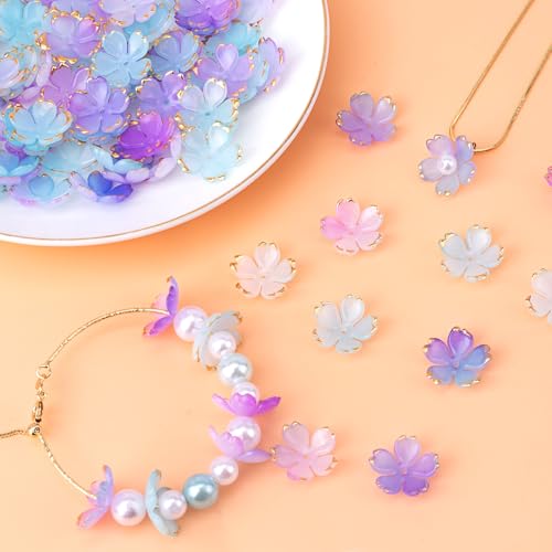 100pcs Cherry Blossom Beads, 5-Petal Gradient Acrylic Flower Beads, Mini Spacer Hair Accessories Halloween Christmas for Bracelets Earring Jewelry Making- Blue & Purple1 - color: Blue & Purple1