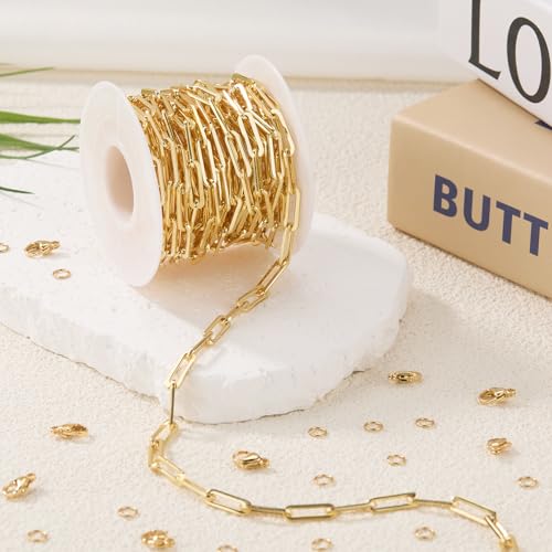 GTVOODX Chunky Paperclip Chain Roll Gold Filled 4 Meters Stainless Steel Handmade Paper Clip Link Chains Spool Bulk for Women Jewelry Making with Lobster Clasps Jump Rings - color: Gold Thick Paperclip Chains