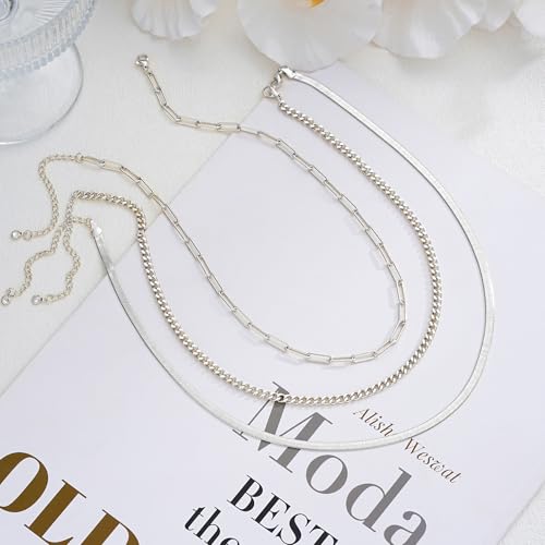 Gold Layered Necklaces for Women, 14K Gold Plated Dainty Gold Chain Choker Necklace Stack, Herringbone Gold Necklaces Set - color: silver-3-Snake