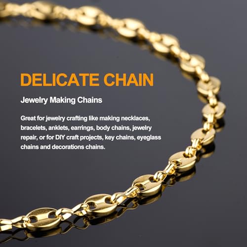 KYUNHOO 13FT/4M Gold Plated Chain for Jewelry Making Coffee Bean Link Craft Supplies Stainless Steel Chains Spool for Women DIY Handcrafts - color: Coffee Bean Gold