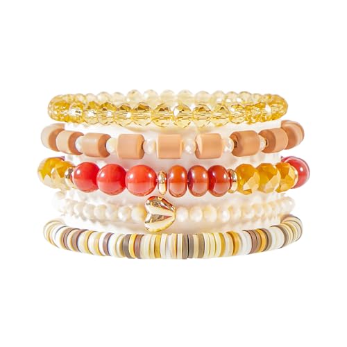 RISHEGAE Heishi Beaded Stretch Bracelets for Women Stackable Polymer Clay Beads Bracelets Friendship Boho Summer Beach Bracelet Jewelry Set - color: D-Brown Bracelet