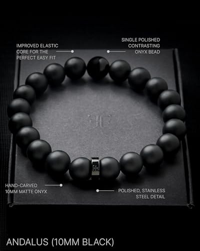 Forge & Foundry Men’s Matte Black Solid Onyx Beaded Bracelet | 10mm, 8mm, 6mm Bead Size Options | Signature Stainless Steel Engraved Bead | Andalus - color: 10mm Black, size: X-Large
