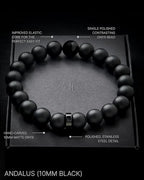 Forge & Foundry Men’s Matte Black Solid Onyx Beaded Bracelet | 10mm, 8mm, 6mm Bead Size Options | Signature Stainless Steel Engraved Bead | Andalus - color: 10mm Black, size: Large