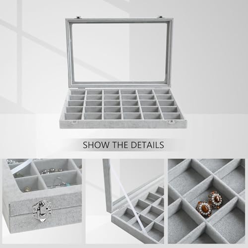 Wudygirl 30 Grid Jewelry Organizer Velvet Jewelry Box Jewelry Tray with Clear Lid Storage Case Showcase Display Stackable Removable (30 Grid) - style: 30 Grid Tray