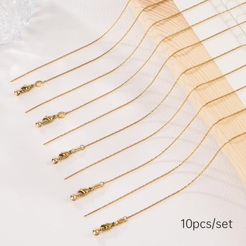 GTVOODX 10pcs Gold Plated Adjustable Thin Necklace Chains Bulk for Jewelry Making Stainless Steel 0.75mm Rectangle Cable Chains with Adjust Clasp for Women - color: Gold Rectangle Cable