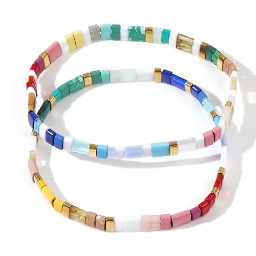 Tila Flat Beaded Bracelet for Women,Bohemian Colorful Stretch Square Glass Bead Elastic Layred Bracelet Stack, Handmade Boho Trendy Holiday Jewelry Accessories Friendship Gift - color: Colorful