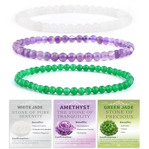 2/3-Pieces 4mm 6mm 8mm Natural Crystal Gemstone – Handmade Reiki Energy Healing Stretch Bracelets Jewelry for Yoga, Meditation, Unisex - color: 3 Pieces (Amethyst&GreenJade&WhiteJade), size: 4mm