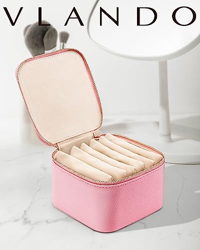 Vlando Travel Jewelry Box for Women,Faux Leather Jewelry Case with 6 Velvet Jewelry Zipper Pockets,Gift Ideas for Women Wife Earrings Necklace Rings Storage Boxes(Strawberry Pink) - color: 6PCS-Strawberry Pink