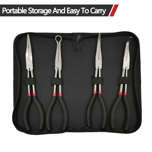 4 Pack 11" Long Nose Pliers Set with Portable Bag, Insulated Grip - Straight Needle Nose, 45/90 Degree Angle Curved & Circle Tools for Wire Bending, Shaping, Trimming - size: 4pcs With Bag