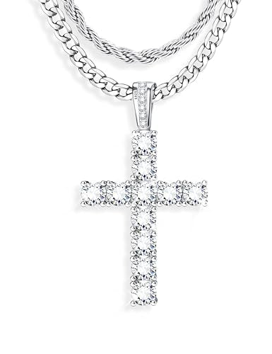 925 Sterling Silver Cross Necklace Men - CZ Cross Pendant Layered Necklaces Waterproof Stainless Steel Link Rope Chain Silver Necklace Stack Jewelry with Gift Box 16-30 Inches - size: 20&22in