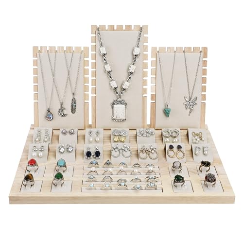 MOOCA Jewelry Display Set, Necklace Display Bust, Earring Organizer, Ring Holder Stand for Showcase and Store, Premium Fabric - color: 8b) 1 set. Beige Suede