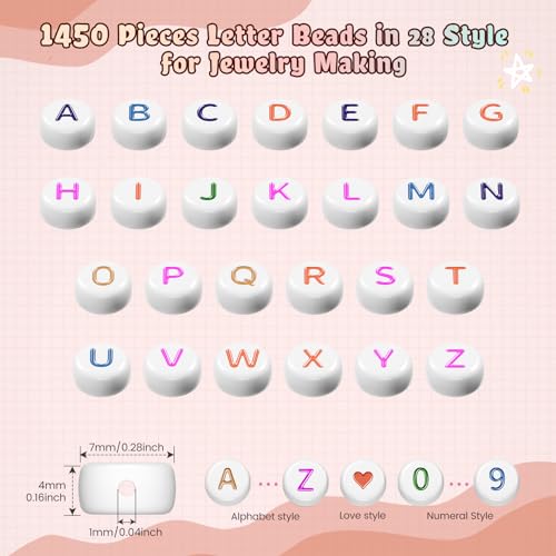 FZIIVQU 1400 Pcs Letter Beads Kit, 28 Styles White Acrylic Alphabet Beads Letter Beads for Jewelry Making wiht Number Beads Heart Beads Friendship Bracelet Kit - color: Colour Letter & White Base, size: 4*7mm