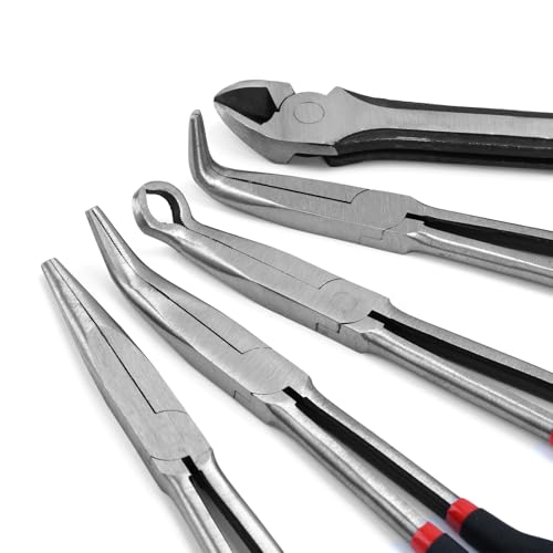 5-Piece 11" Extra Long Needle Nose Pliers Set with Insulated Comfort Grip, Straight Long Reach Plier, 45/90°Bent Nose Pliers,O-shaped nose plier,Diagonal Plier for Bending Shaping Trimming - size: 5Pcs-Straight/45/90