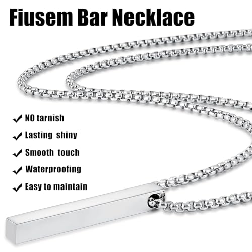 Fiusem Pendant Necklace for Men, Silver Tone/14k Gold Plated/Black Mens Pendant Necklaces with 2.5 mm Box Chain, Stainless Steel Bar Chain, 18-28 Inches - color: silver, size: 26 Inches, style: Pierced Rectangle