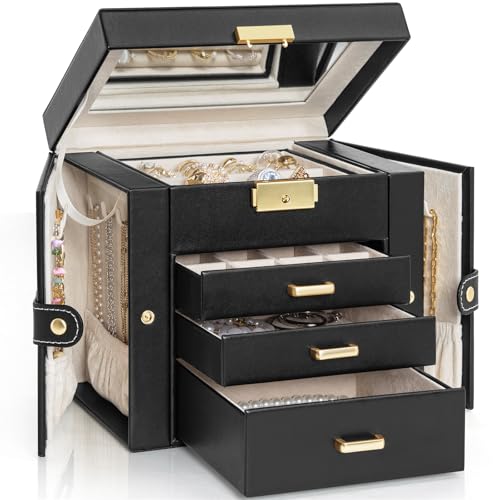 AKOZLIN 4-Tier Jewelry Box Leather Jewelry Storage Organizer with 3 Drawers Lockable for Women Girls Ring Necklace Earring Bracelet Holder with Mirror Black - color: Black-gold, size: Regular-4 Layer