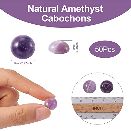 Fashewelry 50Pcs Natural Amethyst Cabochon Stone Half Round Beads 12mm Flat Back Gemstone Chakra Healing Crystal Cover Cabs for Jewelry Making - color: 1-Amethyst, size: 12x5mm