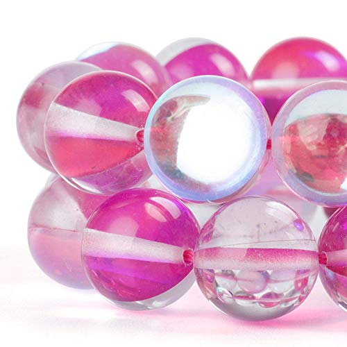 RUBYCA Round Moonstone Crystal Glass Beads Aura Iridescent for Jewelry Making (1 Strand, 6mm, Pink) - color: Fuchsia, size: 6mm