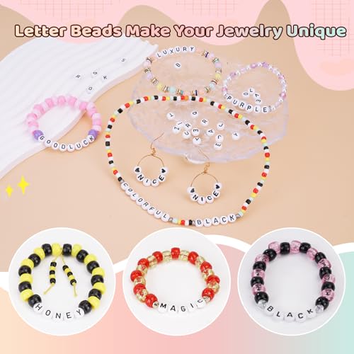 FZIIVQU 1400 Pcs Letter Beads Kit, 28 Styles White Acrylic Alphabet Beads Letter Beads for Jewelry Making wiht Number Beads Heart Beads Friendship Bracelet Kit - color: Black Letter & White Base, size: 4*7mm