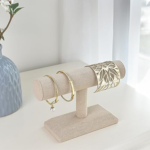 MOOCA 2 Pcs Set Linen Covered Wood Bracelet Holder Stand Jewelry Display Stand Watch Bangle Organizer Display, Nature Linen Color - color: Tan Linen, 2 pieces