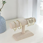 MOOCA 2 Pcs Set Linen Covered Wood Bracelet Holder Stand Jewelry Display Stand Watch Bangle Organizer Display, Nature Linen Color - color: Tan Linen, 2 pieces
