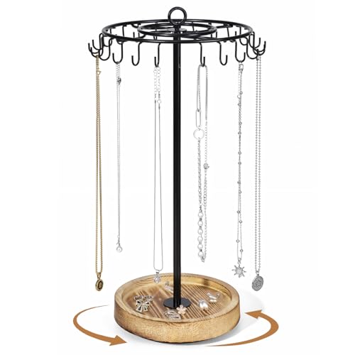 Rotating Necklace Holder, Necklace Organizer Tree Stand with 24 Hooks, Jewelry Necklace Display Stand, Wooden & Metal, Tall Spinning for Vendors Retail, Gift for Mother Women, Vintage Black