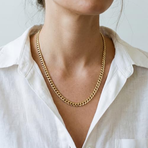 WomenGifts Cuban Link Chain Necklace for Women, Waterproof 14k Gold Silver Plated Chain Choker, Non Tarnish Stainless Steel Jewelry, 3.5/5/6/8/11mm,14/16/18 Inch Thin&Chunky&Thick - color: Gold, style: 6MM-18"