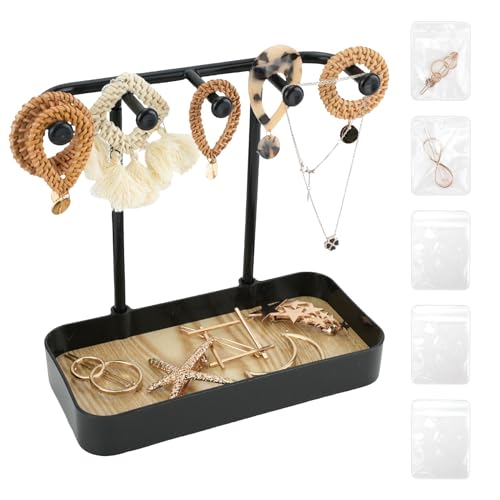 WCHOSOZH Jewelry Organizer Stand, Necklace Holder with Wooden Tray 5 Storage Hooks, Earring Holder with 5 Pcs Jewelry Bags for Bracelet,Chains,Rings,Earrings,Keys Watches,Necklaces (Black) - color: BLACK