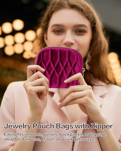 Small Travel Jewelry Case, Mini Travel Jewelry Bag with Zipper, 5-Layer Velvet Organizer Pouch for Bracelet Rings Earrings - Diamond Stitched Velvet Rose Purple - color: RosePurple