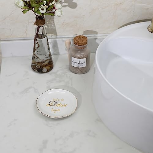 HOME SMILE And So The Adventure Begins Ring Dish-Inspirational Bridal Shower, Bachelorette Party, Engagement Wedding Gifts, Congratulation Present for New Chapter,Ceramic White - style: And So The Adventure Begins