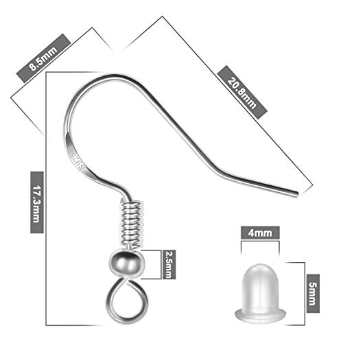 925 Sterling Silver Earring Hooks 120 PCS/60 Pairs, Ear Wires Fish Hooks, Hypo-allergenic Jewelry Findings Parts with 120 PCS Clear Silicone Earring Backs - size: 120pcs-Silver
