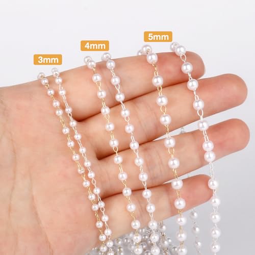 33 Feet Silver Pearl Beads Chains Roll, 5mm Faux Pearls Beaded Silver Plated Brass Cable Link Chain Spool Bulk for Jewelry Making DIY Craft - color: 5.0MM Silver Color