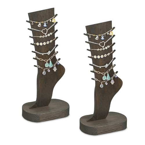 MOOCA 2 Pcs Set Two-Way Tabletop or Wall-Mountable Jewelry Display Natural Wood Foot-Shaped Bracelet Display, Anklets Display Storage, Wood Sturdy Base, Dark Brown Color - color: Dark Brown
