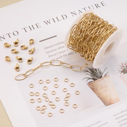 SMYHTGLIF 16.4 Feet Gold Round Wire Paperclip Jewelry Making Chains Roll Stainless Steel Chain Bulk for Jewelry Making - color: Ellipse Gold