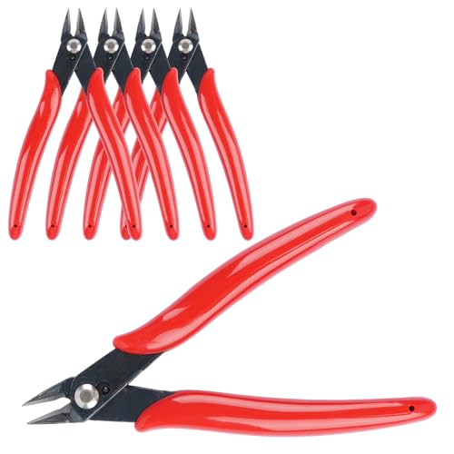 5 Pack Micro Wire Cutters, 5 Inches Flush Cutters Pliers, Diagonal Side Cutters Nippers, Zip Tie Sprue Cutter for Electronics, Plastic Models, Jewelry (Red) - color: Red